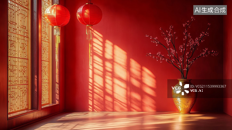 【AI数字艺术】中国风新年红色灯笼中式花窗喜庆背景图片素材