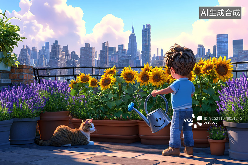 【AI数字艺术】小男孩给向日葵浇水图片素材