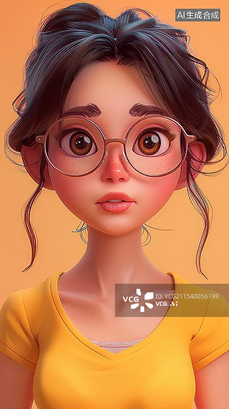【AI数字艺术】黄色背景下戴眼镜的年轻女子肖像图片素材
