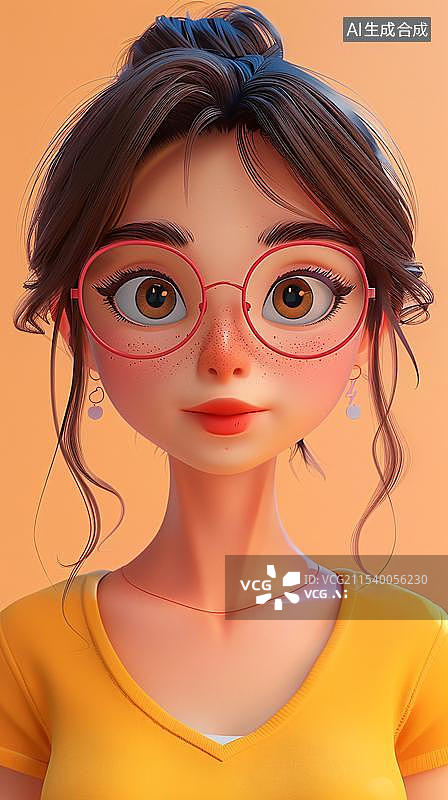 【AI数字艺术】黄色背景下戴眼镜的年轻女子肖像图片素材