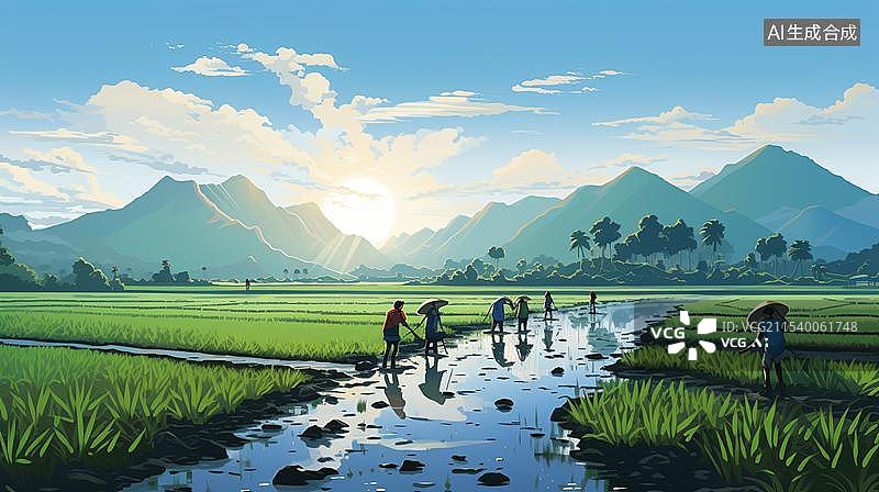 【AI数字艺术】农民在水稻田插秧苗的工作后视图图片素材