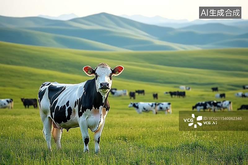 【AI数字艺术】牧场草原上的一尺奶牛图片素材