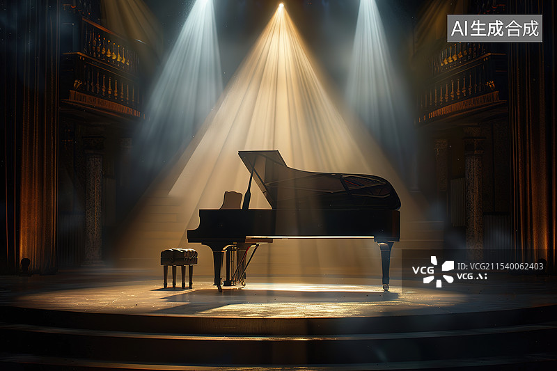 【AI数字艺术】剧场舞台中央聚光灯下的钢琴图片素材