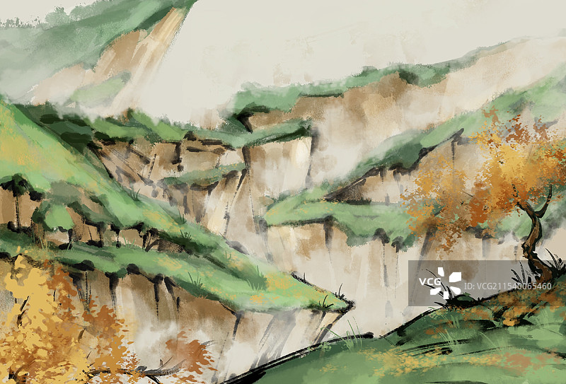 水墨风高山裂谷主题插画图片素材