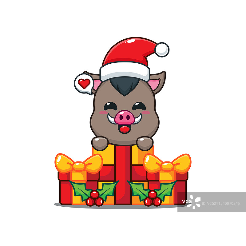 可爱的猪在圣诞礼物中感到快乐的卡通形象图片素材