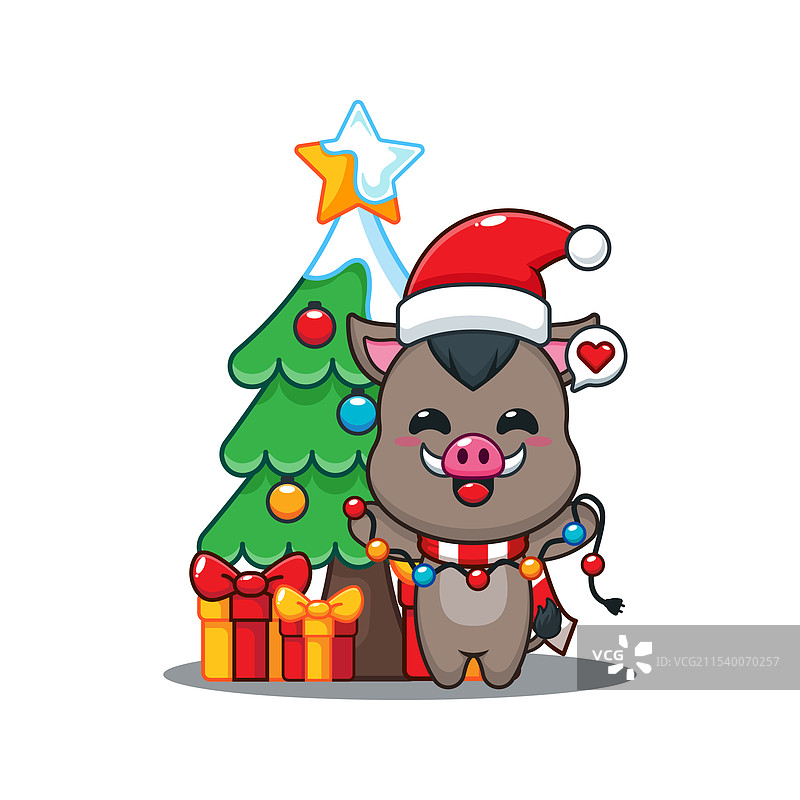可爱的猪与圣诞灯泡卡通图图片素材