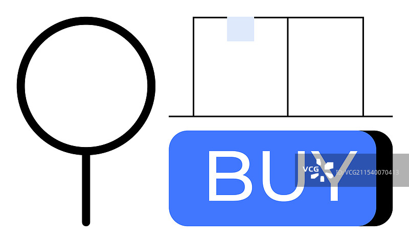放大镜包装盒和蓝色购买按钮图片素材