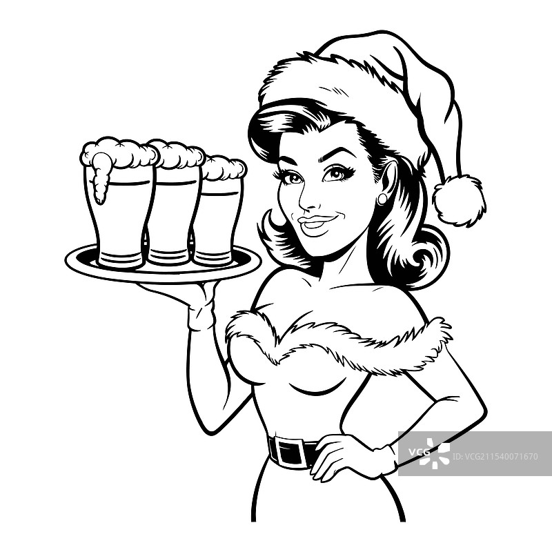 戴着圣诞老人帽子的节日女性在倒啤酒的素描图片素材