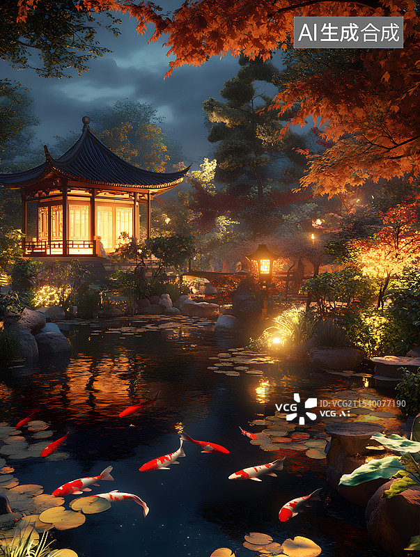 【AI数字艺术】中国园林夜晚景色，喜庆氛围，春节除夕，自然风光图片素材