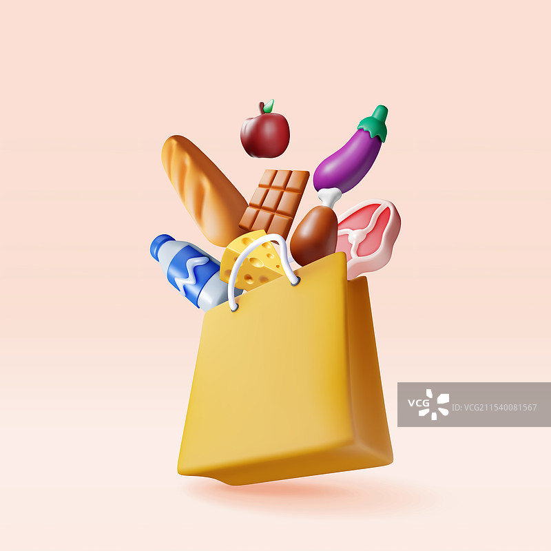 3D购物纸袋装满新鲜产品图片素材