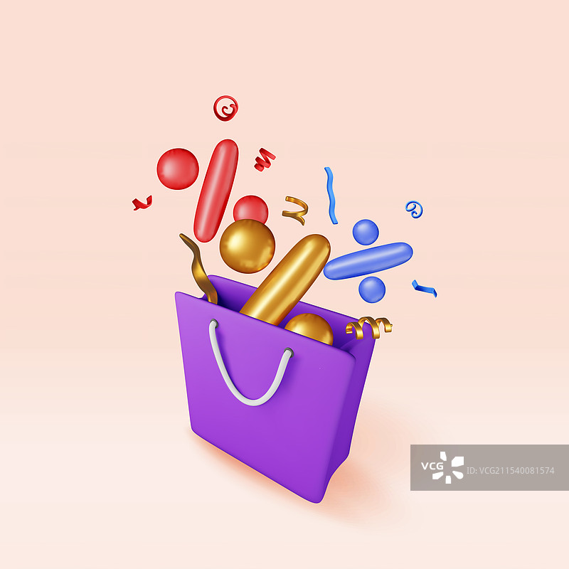 3D购物袋与五彩纸屑中的百分号图片素材