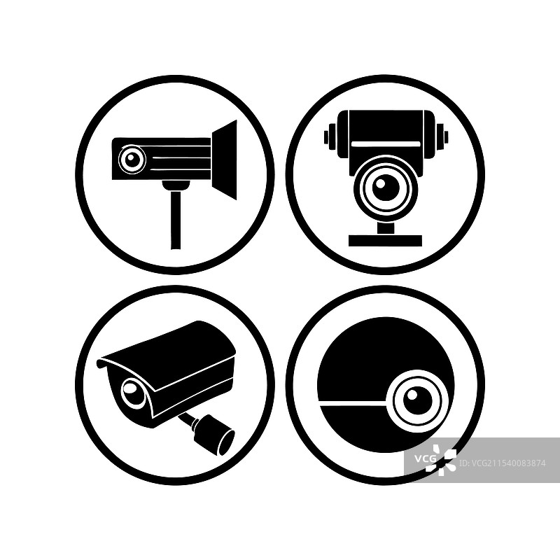 四种不同的监控摄像头图标在白色背景上图片素材