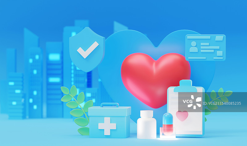 药箱药品护盾心医保卡城市蓝色医疗三维图图片素材