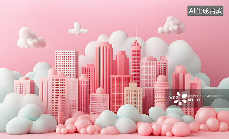 【AI数字艺术】3D渲染马卡龙色系清新城市建筑和云朵图片素材