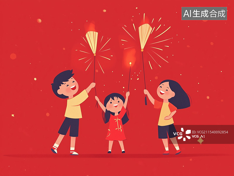 【AI数字艺术】孩子放鞭炮庆祝春节场景插画图片素材