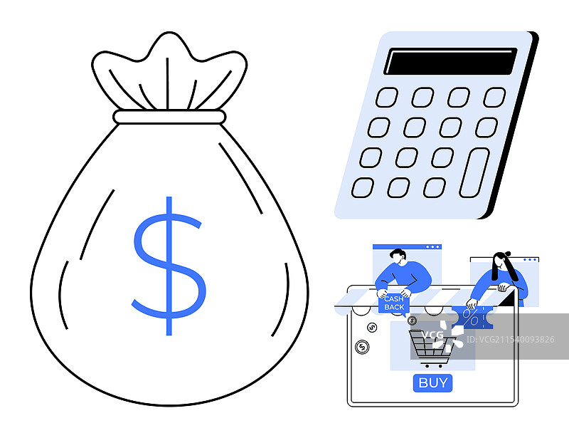 钱袋、计算器和在线购物图片素材