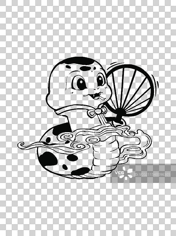 卡通蛇送穷神国潮风黑白线稿元素图片素材