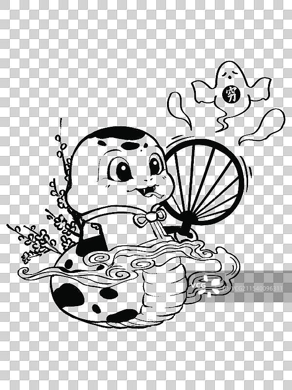 卡通蛇送穷神国潮风黑白线稿元素图片素材