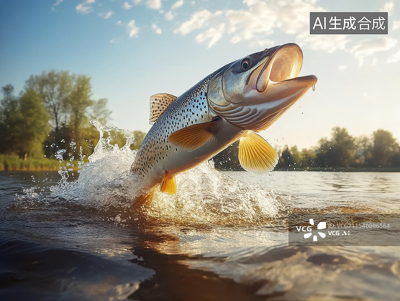 【AI数字艺术】一条鲈鱼跃出水面图片素材