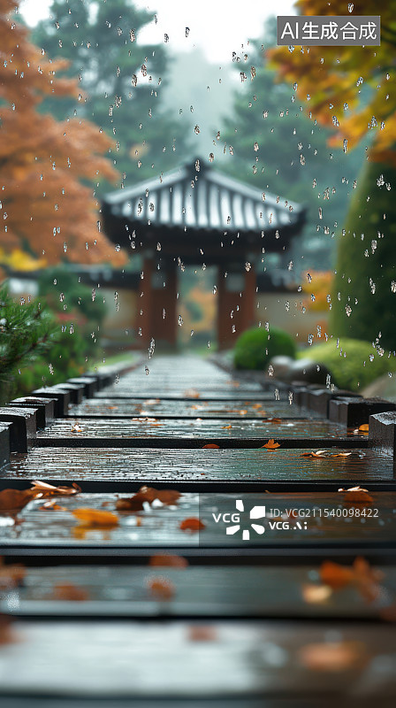【AI数字艺术】中国风雨水屋檐和木步道小路图片素材