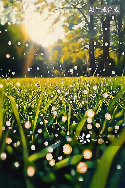 【AI数字艺术】阳光里绿色草地上的雨天露珠风景图片素材