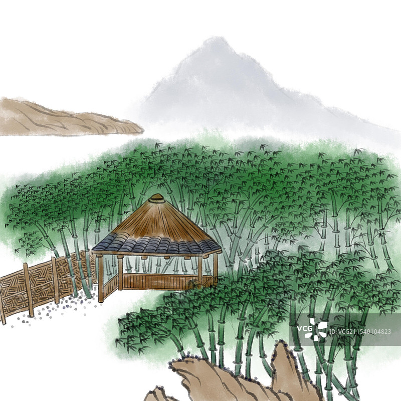 手绘水墨竹林山水插画图片素材