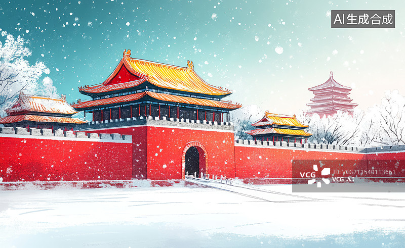 【AI数字艺术】冬天大雪中的中国古代宫殿建筑插画图片素材