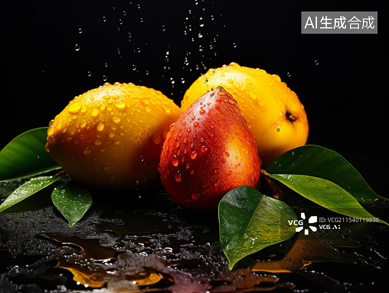 【AI数字艺术】新鲜沾满露水的芒果图片素材