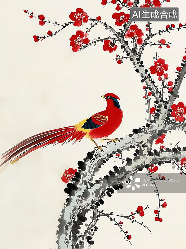 【AI数字艺术】梅花树枝，站着一只雉鸡野鸡角雉锦鸡图片素材