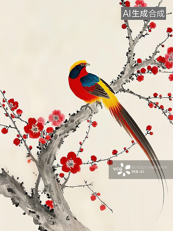 【AI数字艺术】梅花树枝，站着一只雉鸡野鸡角雉锦鸡图片素材
