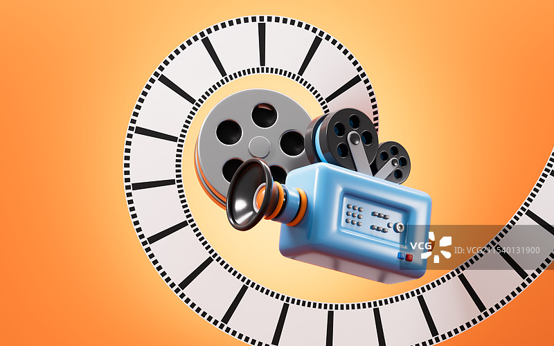 卡通摄影机和电影胶卷3D渲染图片素材