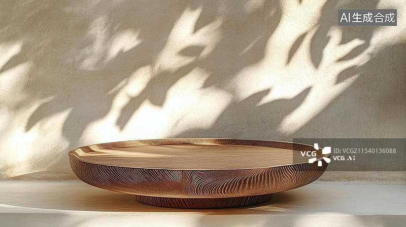 【AI数字艺术】浅棕色木质圆形托盘摆放在米色墙面上图片素材