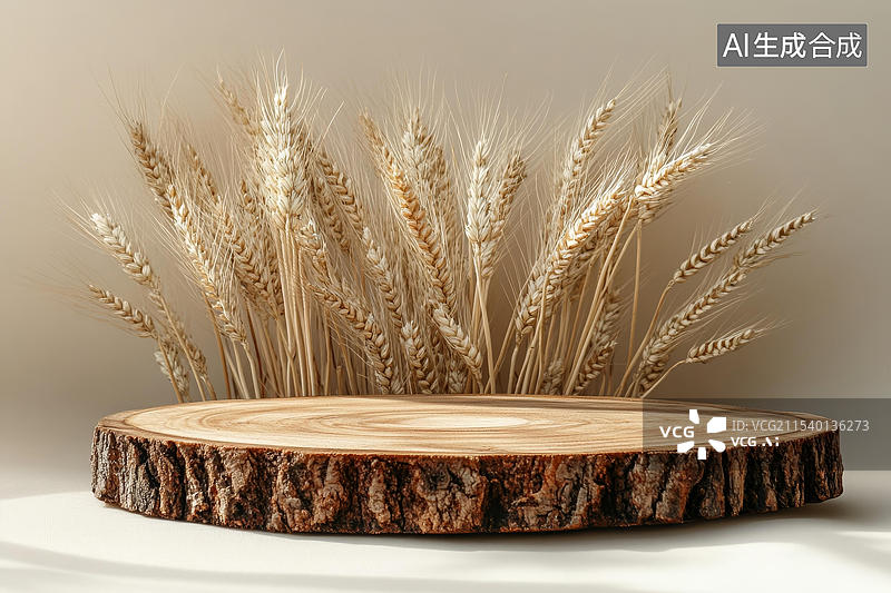 【AI数字艺术】木质切片展示与麦穗图片素材
