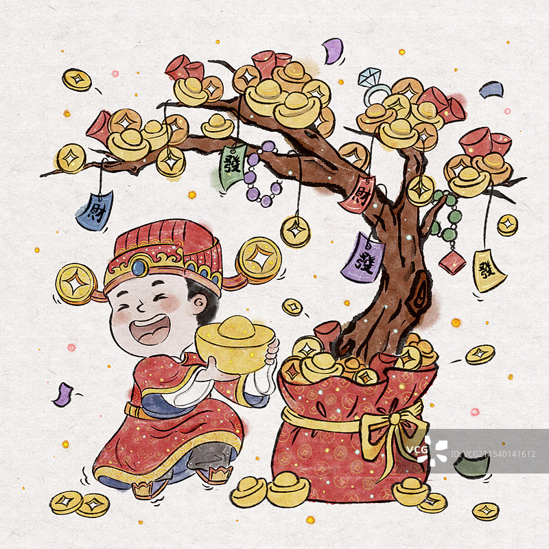 财神和摇钱树国风水墨画图片素材