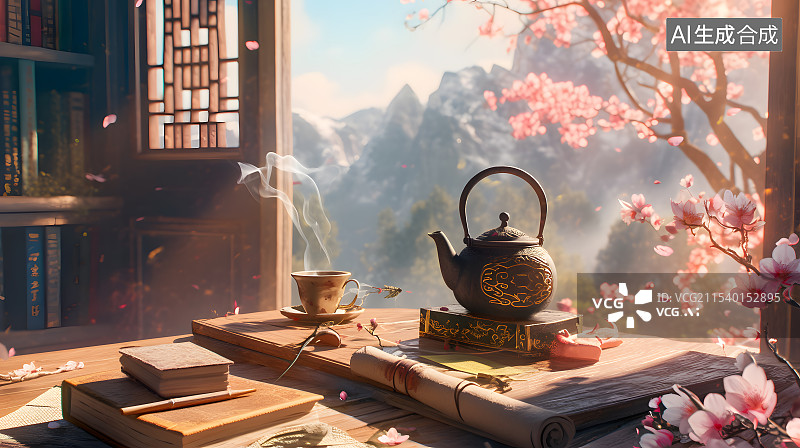 【AI数字艺术】窗外美丽风景，屋内一边煮茶一边看书图片素材