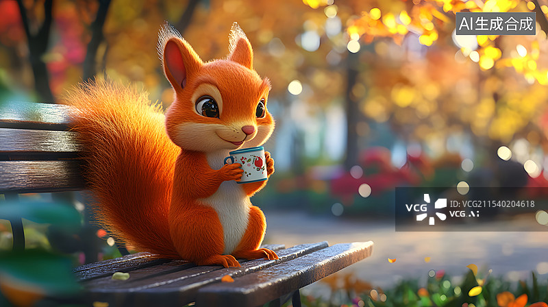 【AI数字艺术】喝咖啡的小松鼠，自然风光场景图片素材