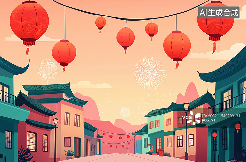 【AI数字艺术】中国新年春节元宵室外挂着灯笼插画背景图片素材