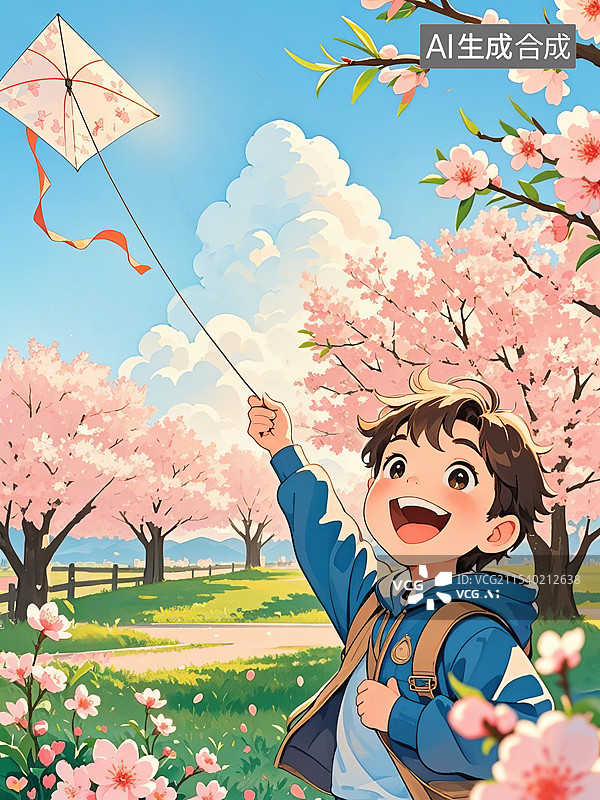 【AI数字艺术】一个男孩放风筝，春天春分节气概念插画图片素材