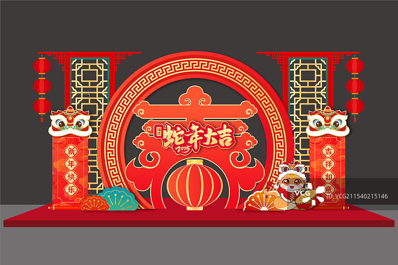 红色春节元宵节龙门拱门拍照框合影框美陈布置舞台背景蛇年卡通形象图片素材