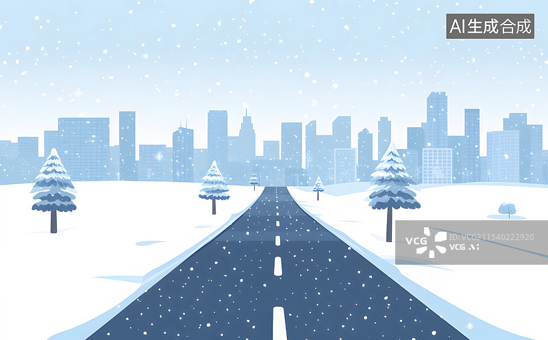 【AI数字艺术】冬季雪地中一条道路通往远处的城市建筑群天际线冬至立冬小雪大雪小寒大寒图片素材