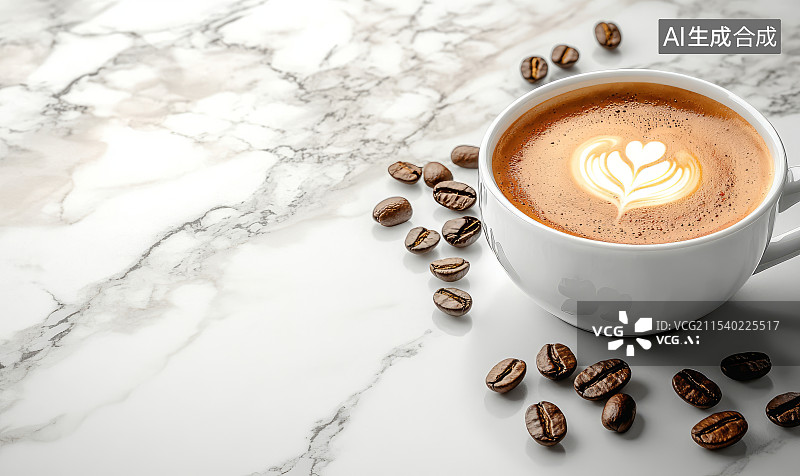【AI数字艺术】俯视白背景上的一杯咖啡和散落的咖啡豆图片素材
