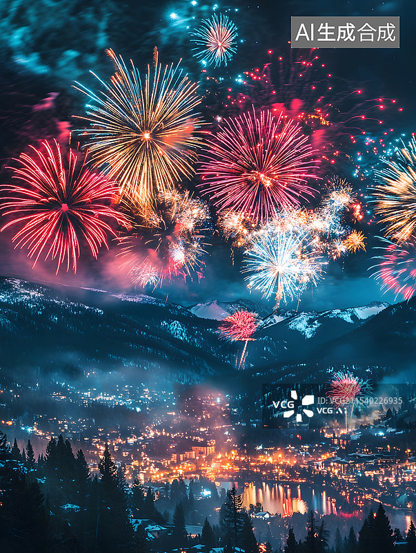 【AI数字艺术】城市上空绽放的烟花，烟火绽放特写图片素材