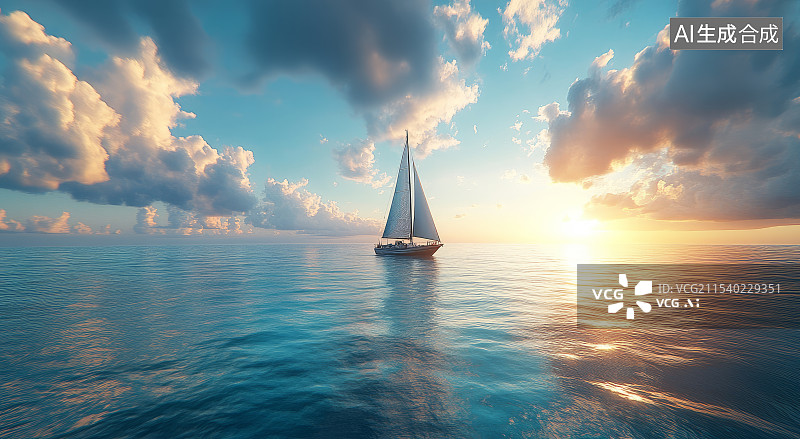 【AI数字艺术】蓝天白云下行驶在海上的帆船图片素材