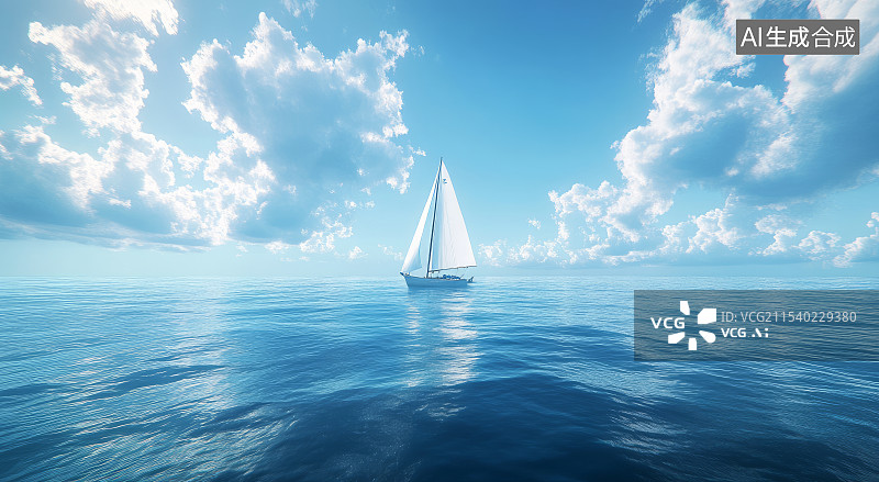 【AI数字艺术】蓝天白云下行驶在海上的帆船图片素材
