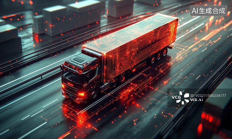 【AI数字艺术】科技感粒子光线货车物流运输概念场景图片素材