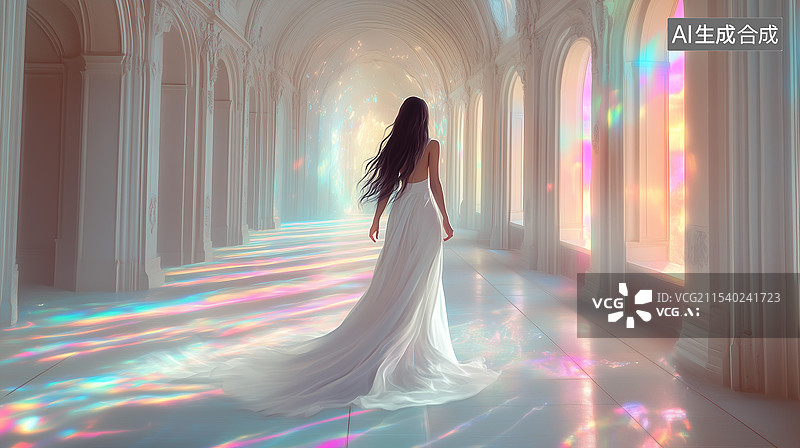 【AI数字艺术】一位美丽的女人穿着白色长裙走在一条天堂般的走廊上图片素材