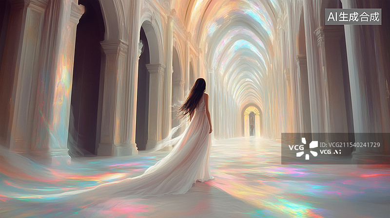 【AI数字艺术】一位美丽的女人穿着白色长裙走在一条天堂般的走廊上图片素材