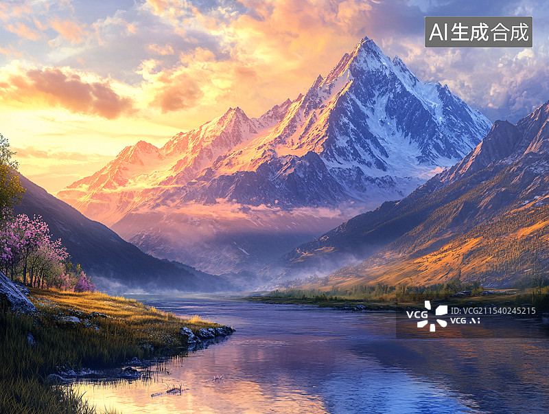 【AI数字艺术】夕阳下的雪山湖泊图片素材