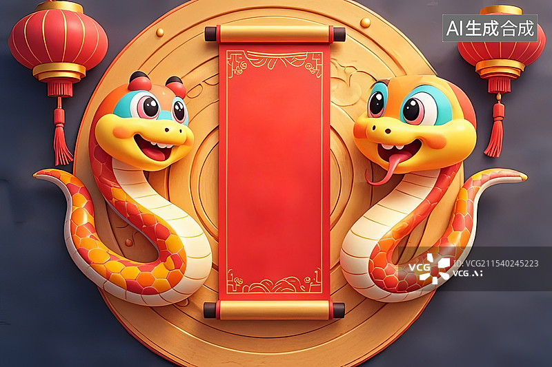 【AI数字艺术】两条3D可爱Q版的蛇拉着红色的条幅。蛇年春节概念图片素材