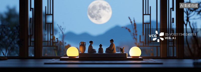 【AI数字艺术】微缩景观一家人团聚中秋节元宵节团圆的气氛图片素材